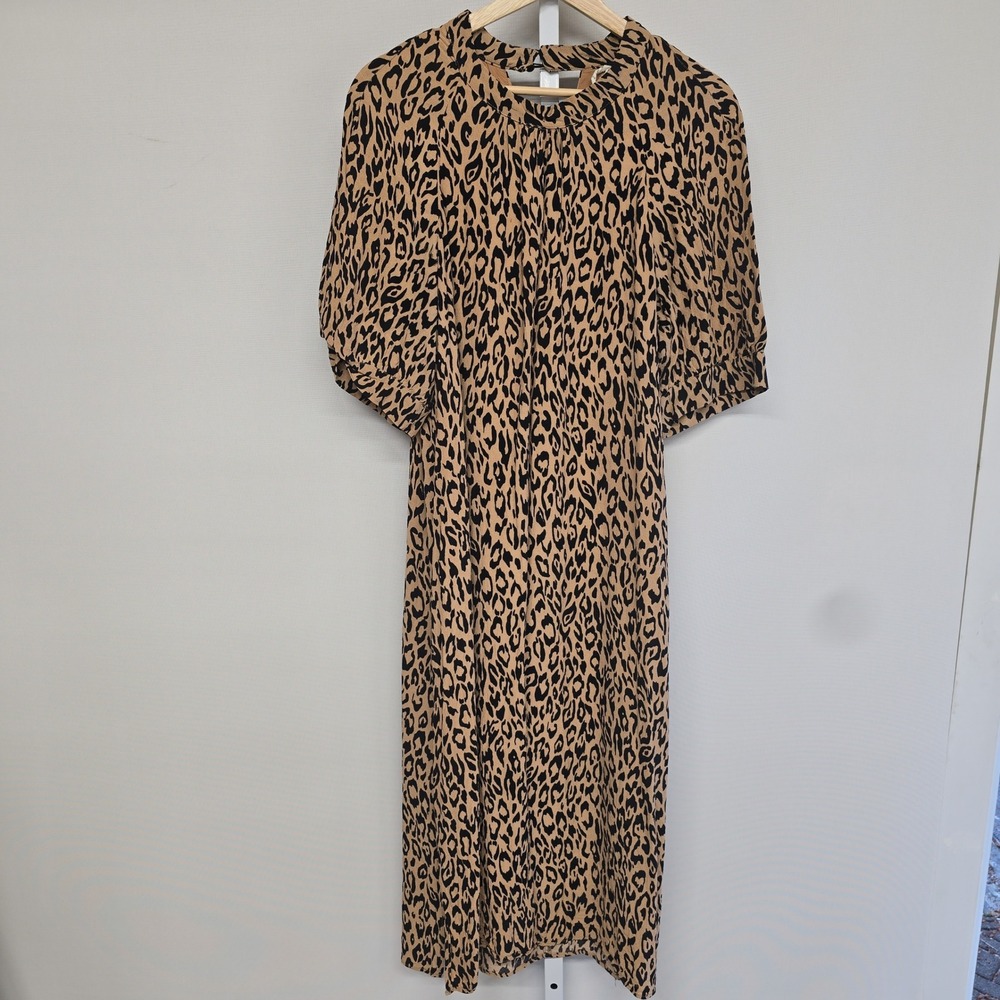 Anthropologie Leopard Print Puff Sleeve Midi Dress Brown Black Size L